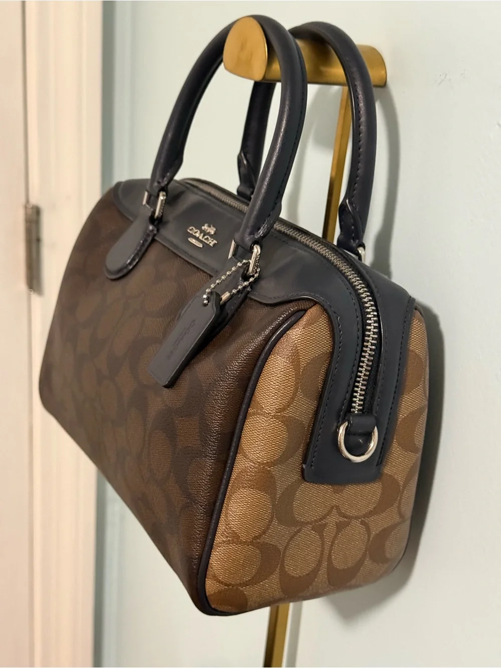 COACH Signature Canvas Satchel in two shades of brown and Navy Leather Trim! 🤩